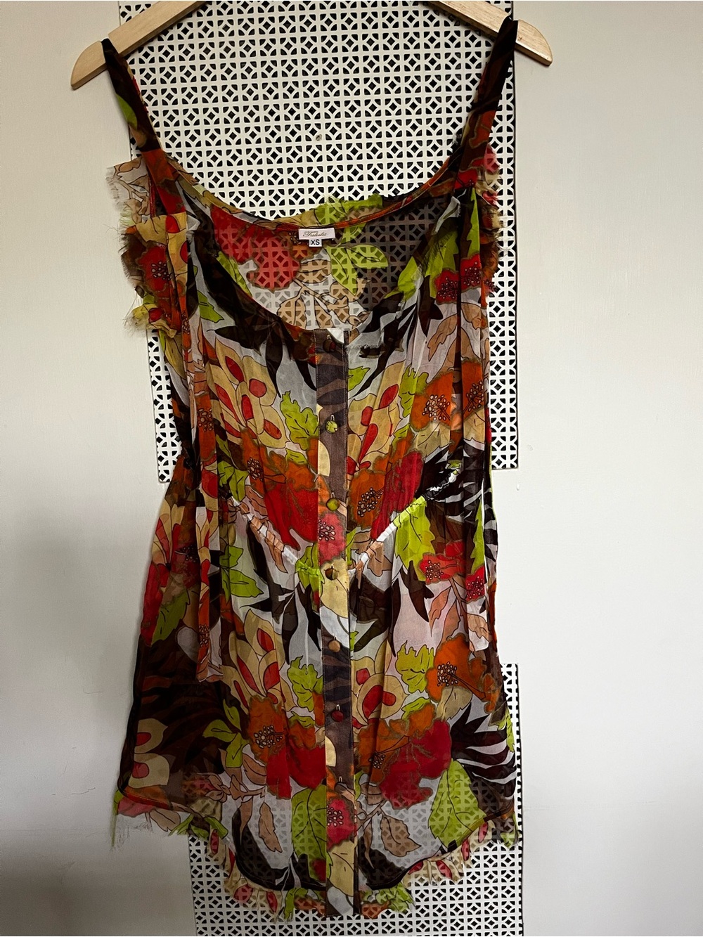 Tulula Silk Sheer Coverup Mini Dress Retro Floral Print Sz XS
